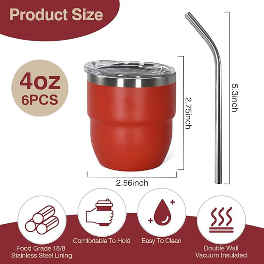 4oz Stackable Cup, Vacuum Insulated Espresso Cup Set of 2, Espresso Shot Glass for Coffee, Double Wall Stainless Steel Mini Tumbler Shot Glasses with Straw and Lid