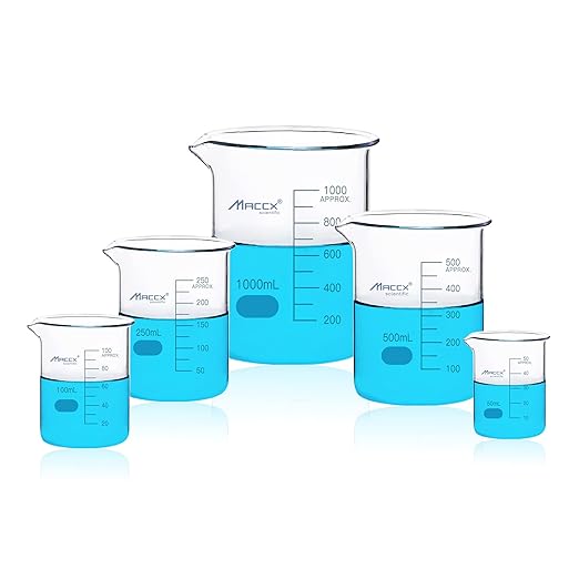 Sturdy Glass Beakers, 5 Sizes of 50ml 100ml 250m 500ml 1000ml,3.3 Borosilicate Griffin Low Form with Printed Graduation, BKLS02-005