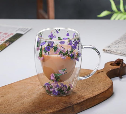 Double Glass Flower Tea Cup, Aesthetic Preserved Flower Cup, Cute Insulated Tea Cup with Handle, Heat Resistant & Lead-free Coffee Mugs, Gifts for Birthday Mother's Day, Perfect for Women Wife Mom (C)