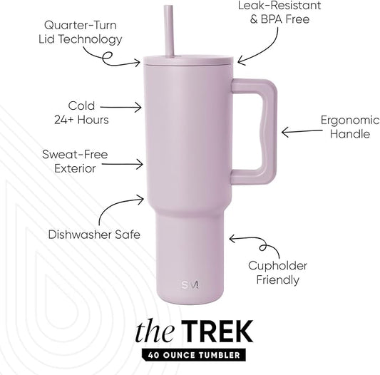 Simple Modern 40 oz Trek Tumbler with Handle and Straw Lid | Cup Holder Friendly Insulated Stainless Steel Travel Mug | Lavender Mist