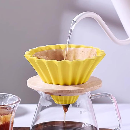 Ceramic Coffee Dripper with Wood Cup Stand Pour Over Coffee Maker Elegant Flower-shape V60 Strainer for 1-2 Cups Slow Brewing Accessories for Home Coffee Shops Restaurants Yellow