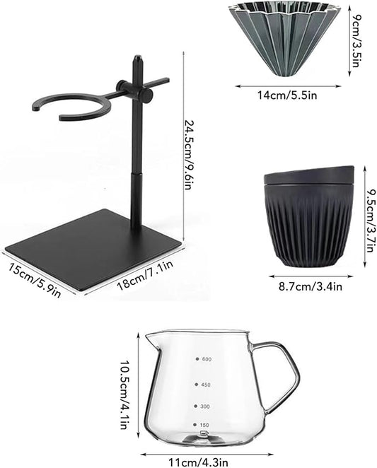 Pour Over Coffee Dripper Stand Set, Double Layer Hand Brewing Station, Professional Coffee Dripper with Glass Pot, Ceramic Filter Cup and Black Mug for Home Office Use, Adjustable