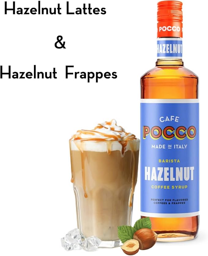 Cafe Pocco Premium Hazelnut Coffee Syrup with Pump - Gluten Free and Vegan Syrup, Ideal for Lattes, Cappuccinos, Espresso, Americano - Glass Bottle 750ml (Pack of 1