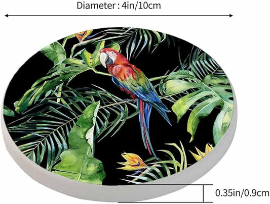 Scarlet Macaw Parrot Coaster for Drinks Individual Tropical Jungle Bird Animal Leaf Floral Botanical Palm Tree Presents for Housewarming Birthday and Family 100% Diatomite 4''X 4'',2 Pack