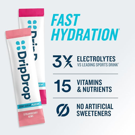 DripDrop Zero Sugar Plus - Sugar Free Hydration Packets - Single Serve Electrolytes Powder Drink Mix - Strawberry Kiwi, Peach, Cherry Limeade, Wild Berry - Non-GMO, Gluten Free, Vegan - 16 Sticks