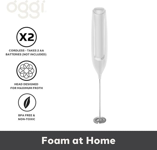 Oggi Handheld Milk Frother, Electric Frother Wand with Stainless Steel Whisk, Mini Whisk for Coffee, Matcha, Latte, Protein, Eggs & More, Battery Operated Compact Frother for Kitchen or Travel, White