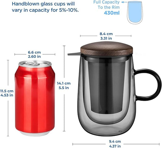 glastal Tea Infuser Mug 14.5oz Glass Tea Cup with Removable Stainless Steel Infuser and Lid, Double-walled Black Glass Tea Cup Teacup for Loose Leaf Tea, Birthday for Parents Dad Mum Friends Office
