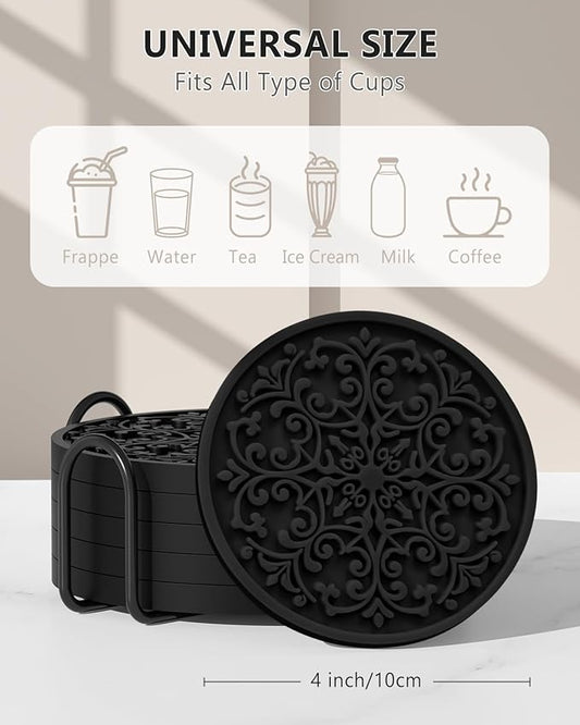 Drink Coasters, Coasters Set of 6 for Cup with Holder, Non-Slip Silicone Cup Mats for Hot and Cold Drinks, Cute Absorbent Coffee Bar Accessories Table Decor, Black
