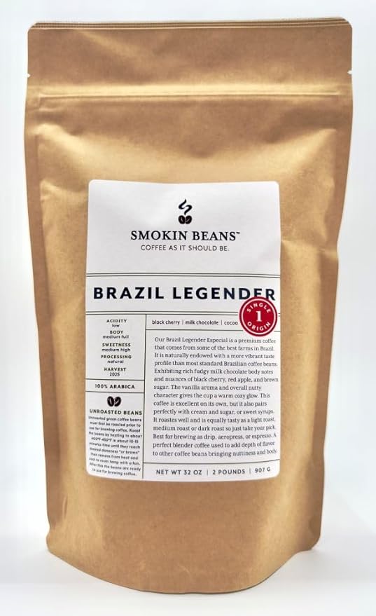 2-Pound Brazil Legender, Unroasted Green Arabica Coffee Beans, Fresh Current Crop Specialty Grade, Roast the Beans Yourself at Home on Your Roasting Equipment Prior to Using for Brewing Coffee
