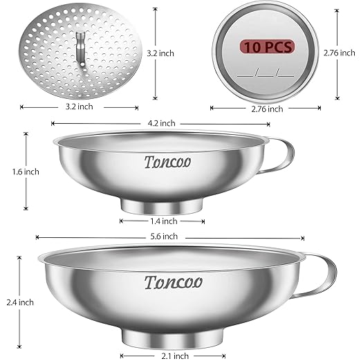 2pcs Canning Funnels for Filling Mason Jars with Strainer, Food Grade Stainless Steel Funnels for Kitchen Use, Metal Wide Mouth Funnel for Mason Jar