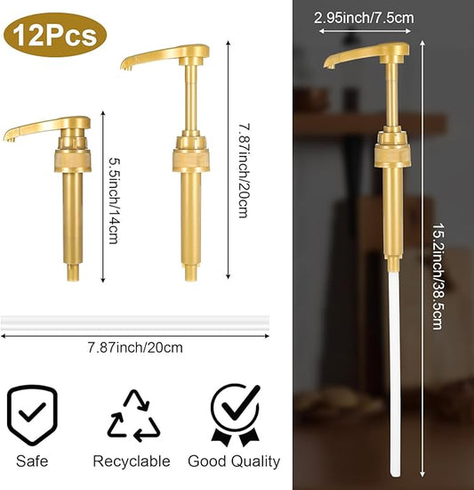 12 Pcs Coffee Syrup Pump with Tip Cover, Gold Reusable Coffee Syrup Pump Dispenser Fits 750 ml Skinny Bottles, Great for Home, Coffees Bar Drinking Mixes, Tea, Beverage, Cocktails