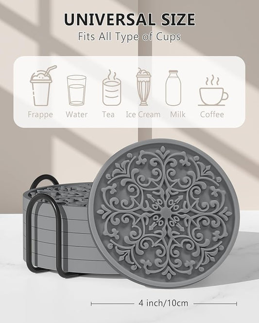 Drink Coasters, Coasters Set of 6 for Cup with Holder, Non-Slip Silicone Cup Mats for Hot and Cold Drinks, Cute Absorbent Coffee Bar Accessories Table Decor, Grey