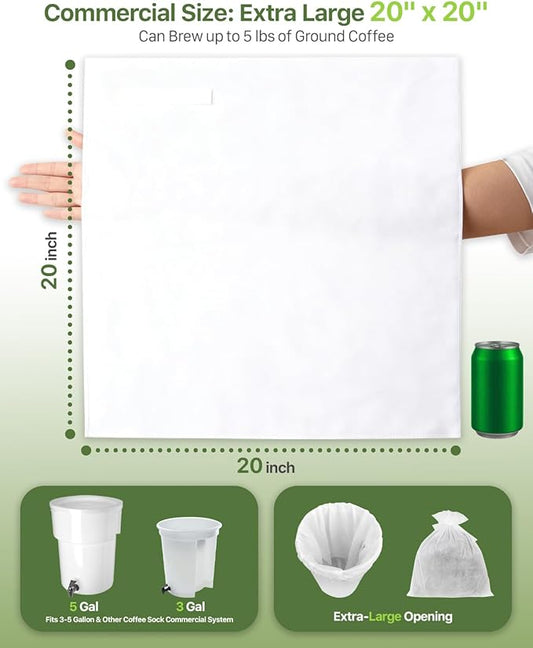 Grasseed Cold Brew Filter Bags for Toddy Commercial Coffee Makers, Commercial Cold Brew Bag with Straps Fits 5 Gallon System, 20" x 20", 100Pack