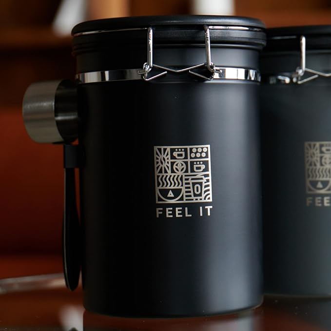 Stainless Steel Coffee Canister - 21oz Airtight Kitchen Food Storage Container with Date Tracker, CO2-Release Valve and Measuring Scoop For Ground Coffee, Beans, Tea, Sugar, Large