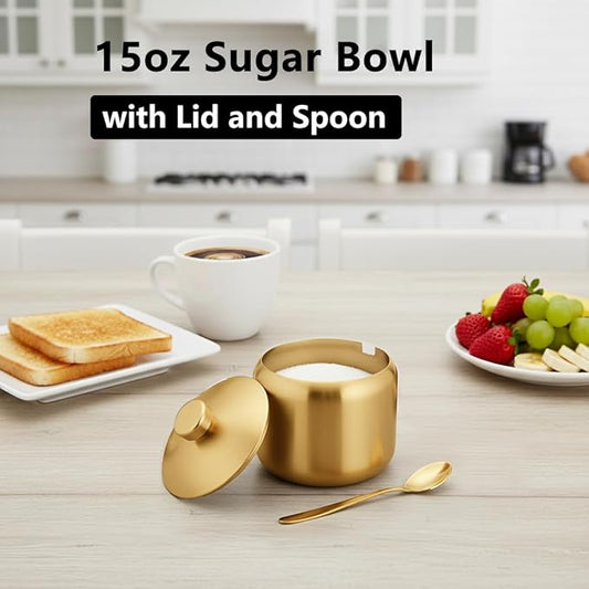 15oz Sugar Bowl with Lid And Spoon, Stainless Steel Sugar Creamer Container, Round Sugar Jar, Durable Sugar Pot for Coffee Bar Accessories, Coffee Bar Decor, Home and Kitchen Storage, Gold