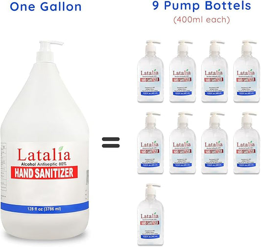 Latalia large Hand Sanitizer Pump 128 fl oz – Pack of 2 with 80% Alcohol Moisturizing Hand Sanitizer Refill Gallon for Home & Office, Unscented Clean Gel, Drying & Non-Sticky for Daily Hand Hygiene