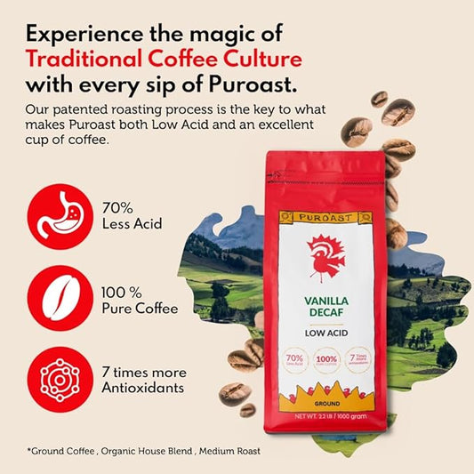 Puroast Low Acid Coffee Decaf | Vanilla Ground | Medium Roast | High Antioxidants & High pH |No Bitter Aftertaste | Reduced Heartburn & GERD | Suitable for Cold Brew - 2.2 LB