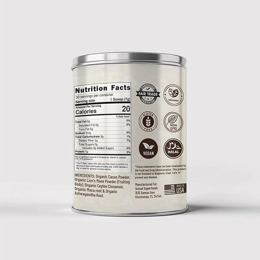High Flavanol Cacao Powder Blend - Flavanols & Flavanoids - Organic Coffee Alternative with Lions Mane, Ashwagandha, Maca & Ceylon Cinnamon - 7.4 ounces - Morning Focus & Energy Ritual