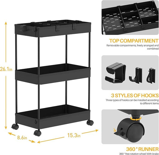 SPACELEAD 3 Tier Rolling Cart with Wheels, Storage Craft Art Trolley Organizer Serving, 3 Hanging Baskets Easy Assembly, for Office, Bathroom,Living Room, Kitchen, Black