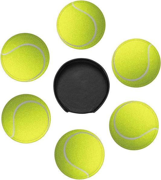 Tennis Ball Coasters for Drinks with Holder Round Leather Coasters Set of 6 Cups Mugs Mat Pad for Home Kitchen Bar