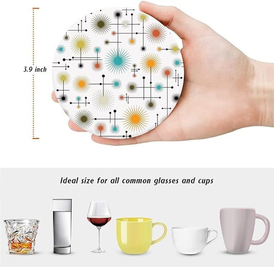 HUXJOKO Coasters for Drinks Set of 6,Mid Century Modern Lines Absorbent Ceramic Coaster,Round Stone Mat,with Cork Base and Metal Holder for Coffee Table Room Bar Home Decor Housewarming Gifts