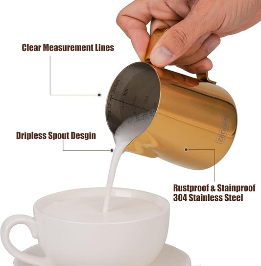 Milk Frothing Pitcher, 12oz Espresso Steaming Pitchers Stainless Steel Milk Coffee Cappuccino Barista Steam Pitchers Milk Jug Cup with Decorating Pen Latte Art, Gold