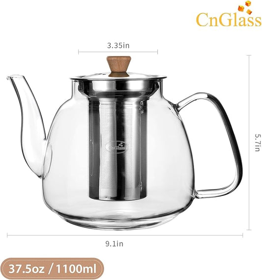 CNGLASS Glass Teapot with Infuser(37.5oz),Clear Tea Kettle with Removable Stainless Steel Strainer,Stovetop Safe Glass Teapot for Blooming and Loose Leaf Tea