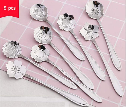 Creative Coffee Scoops and Spoons Set - 8 Different Patterns, Stainless Steel for Tea, Cake, Sugar, Dessert, Ice Cream, Seasoning or Spice - Silver