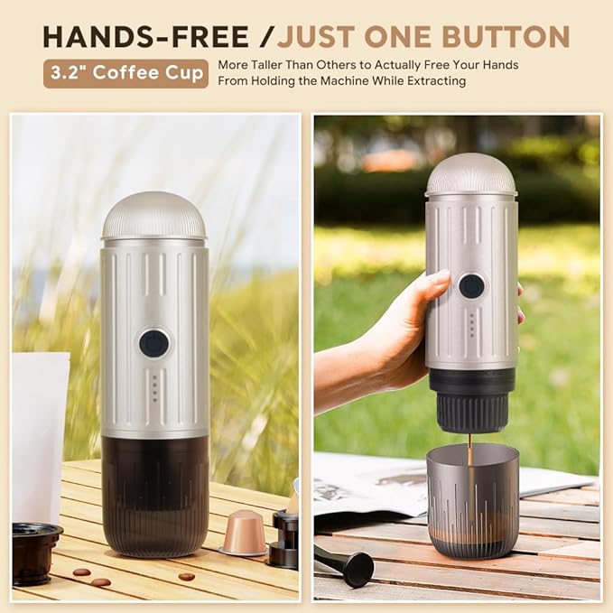 BENFUCHEN Portable Espresso Machine For Travel, USB-C Charging, Self-Heating Electric Espresso Maker, 19 Bar Mini Coffee Maker On the Go For Camping/Hiking, Ground Coffee & NESPRESSOpods (Champagne)