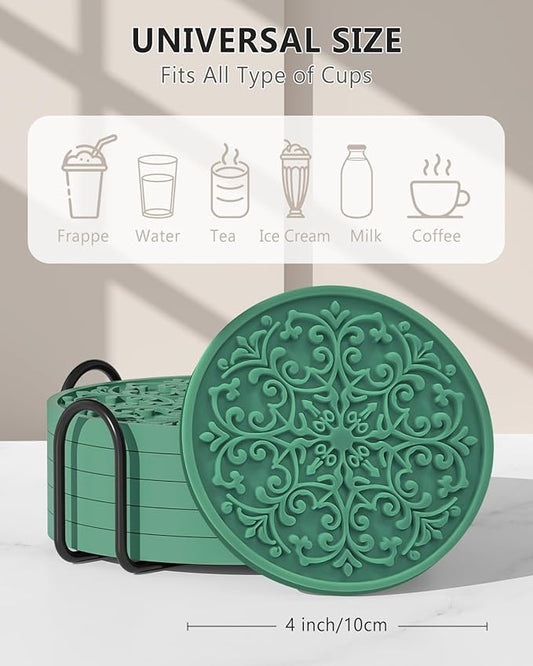 Drink Coasters, Coasters Set of 6 for Cup with Holder, Non-Slip Silicone Cup Mats for Hot and Cold Drinks, Cute Absorbent Coffee Bar Accessories Table Decor, Green