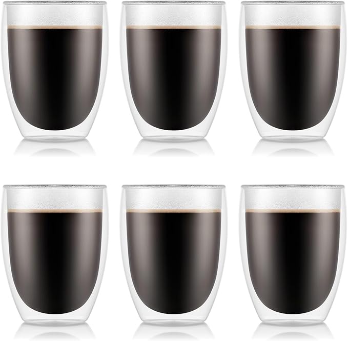 Bodum 12oz Pavina Double Wall Insulated Tumbler, High-Heat Borosilicate Glass, Set of 6, Clear