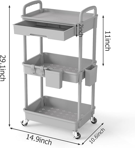 3 Tier Rolling Utility Cart with Drawer, Plastic Storage Organizer Rolling Carts with Wheels Handles Hanging Cups Hooks for Office, Bathroom, Kitchen,Craft Art Room (Grey)