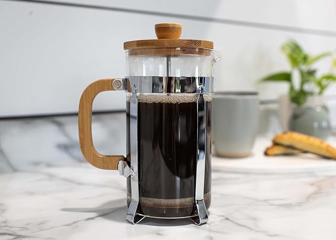 Elanze Designs Natural Woodgrain 0.6 Liters Glass Chrome Plated Bamboo Wood French Press Coffee and Loose Leaf Tea Maker