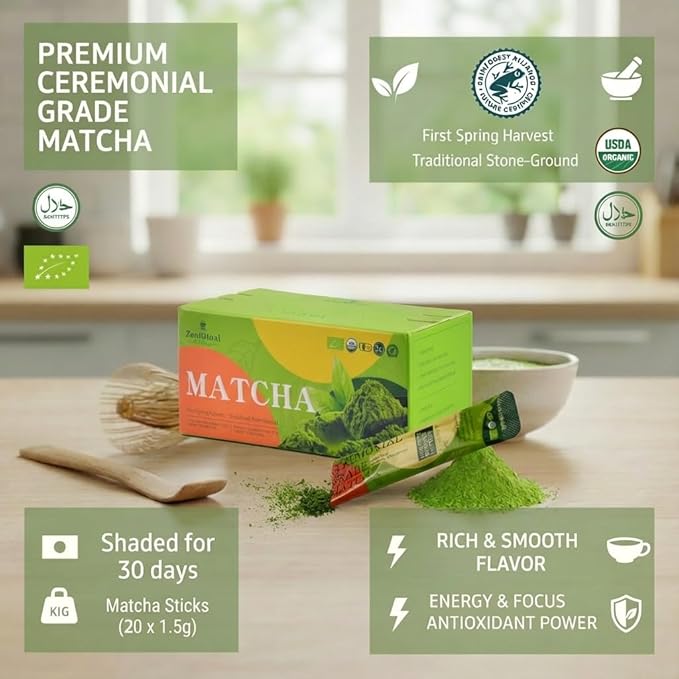 ZenRitual USDA Organic Ceremonial Matcha Green Tea Powder - 20 Single Serve Sticks - Sugar Free, 100% Pure First Harvest Jingshan - Instant Dissolve - Vegan, Keto