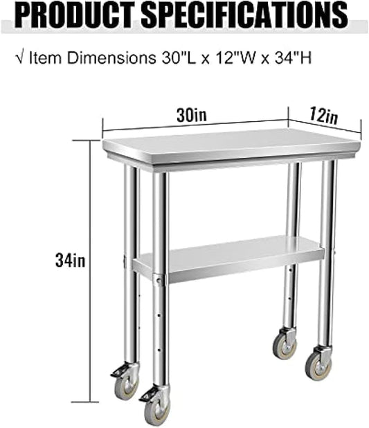 Stainless Steel Table - Metal Table Cart - Commercial Workbench with Caster Wheel - NSF Certified - for Restaurant, Warehouse, Home, Kitchen, Garage,30''x12''