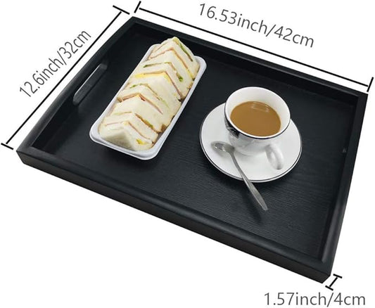 Rectangular Serving Breakfast Tray - Black Wood Tray Wooden Food Tray (Medium)