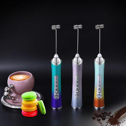 Rechargeable Milk Frother Handheld For Coffee,3 Speeds Frother Wand With Stand, Batidora De Mano Electrica,Coffee Frother With 2 Heads,Drink Mixer Electric Handheld,Kitchen Essentials (Colorful 1)