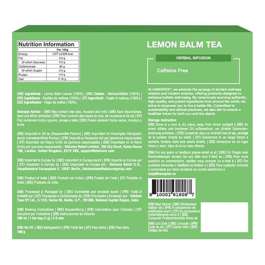 HANDPICK Lemon Balm Tea Bags – 100 Count | 100% Pure & Naturally Dried | Caffeine-Free Herbal Tea with Citrus Flavor & Aroma | Premium Lemon Balm Leaf