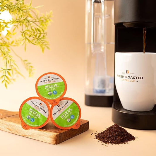 Fresh Roasted Coffee, Organic Mexican Water-Processed Half-Caf | USDA Organic, Kosher | Medium Roast 72 Pods for K Cup Brewers