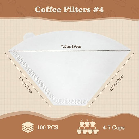 100 Count #4 Cone Coffee Filters Paper, No Smell of Wood Pulp Disposable U-shaped Coffee Filter, for Drip and Pour Over Coffee Maker