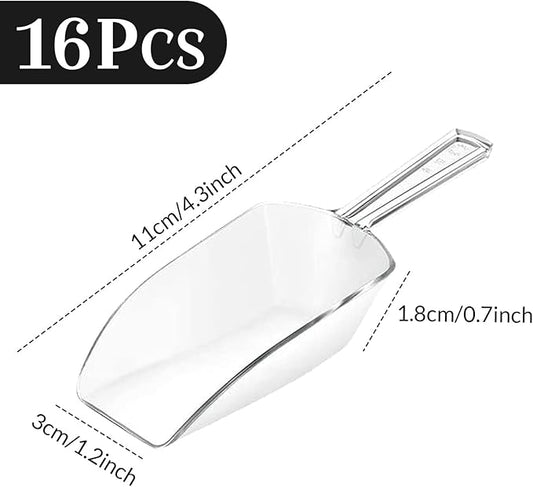 Hestya 16 Pcs Multi Purpose Clear Plastic Scoops for Candy Buffet Acrylic Kitchen Ice Food Popcorn Scoops for Protein Powders, Ice Cream, Coffee, Tea Jar (4.3 Inch)