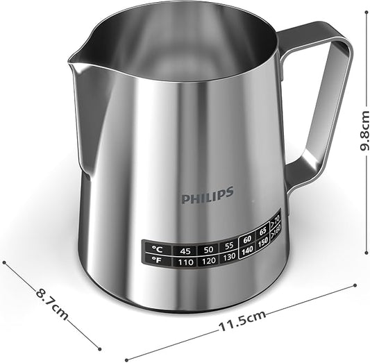 Philips Temperature Perfection Milk Jug - Integrated Temperature Indicator, Smooth Microfoam, Stainless Steel, 450ml Capacity, Perfect for Latte Art, Espresso Accessory (CA8012/10)
