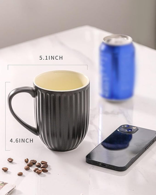 HASENSE Coffee Mugs Set of 4, 16 Oz Large Ceramic Ribbed Latte Cups with Big Handle for Coffee, Tea and Cocoa, Modern Design & Light Weight, Microwave & Dishwasher Safe, Black