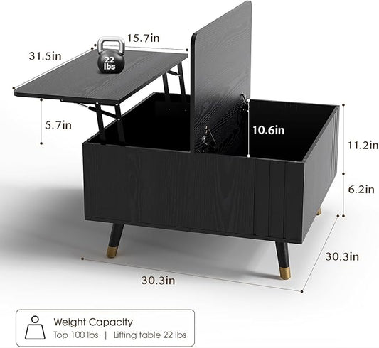 32" Square Lift Top Coffee Table with Storage, Modern Black Center Table for Living Room, Minimalist Wood Cocktail Table with Rising Desktop, Home Office