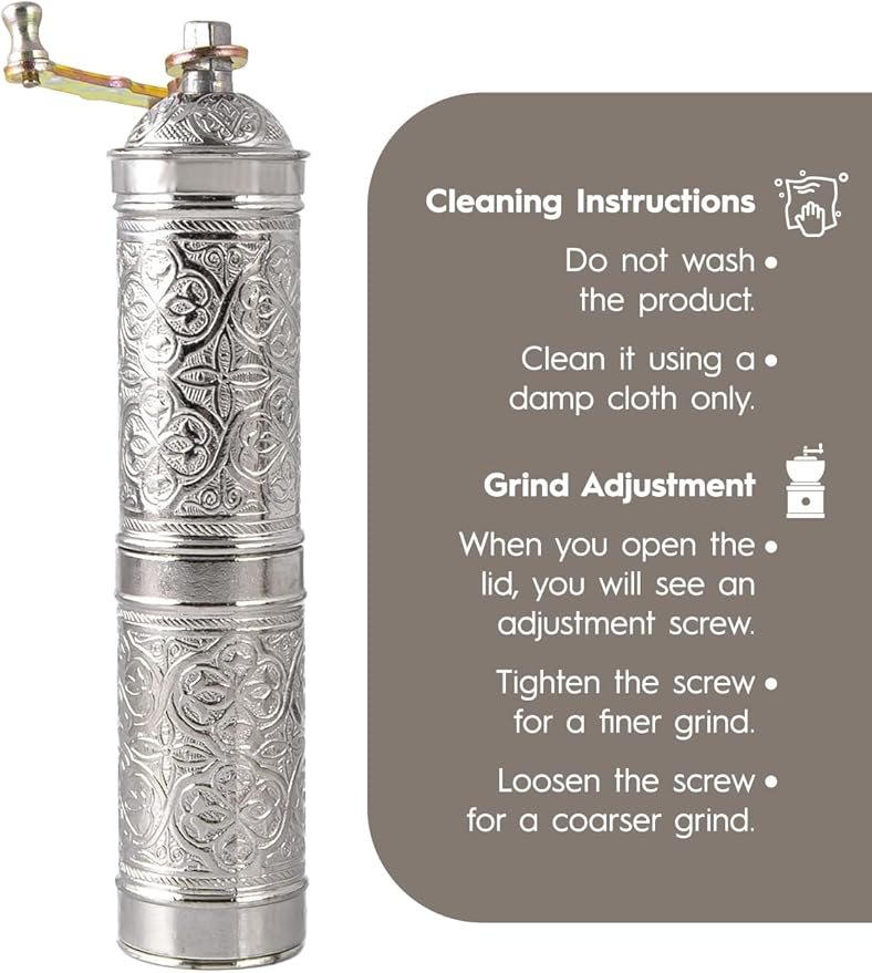 Handmade Turkish Pepper & Coffee Grinder, Refillable Turkish Spice Mill with Adjustable Coarseness, Manual Coffee Mill with Handle, Coffee Grinder Metal with Hand Crank 22 cm-8.66 inch (Silver)