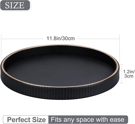GORESE 12" Decorative Tray for Home Decor, Round PU Leather Coffee Table Tray Table Centerpiece for Living Room, Dresser, Vanity, Valet Tray Nightstand Organizer for Trinket Perfume Key, Black