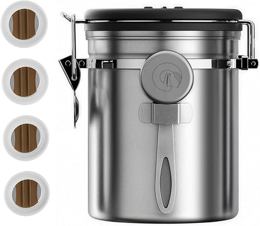 Coffee Gator Coffee Canister, 16oz Airtight Stainless Steel Kitchen Food Storage Container with Date Tracker, Scoop for Sugar,Grounds Coffee, Beans,Tea, Sugar, Cereal, Flour, Cookies Jars - Silver
