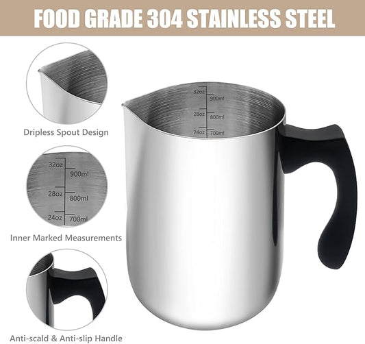 Milk Frothing Pitcher, 32oz Milk Frother Cup 304 Stainless Steel Steaming Pitcher with Art Pen Milk Coffee Jug Cup with Heat-resistant Handle and Scale