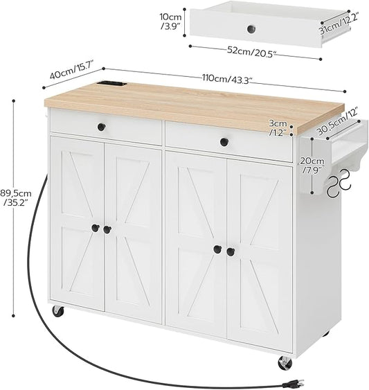 HOOBRO Kitchen Island with Power Outlet,43.3" Rolling Kitchen Island with Storage, Rolling Cart with Spice Rack and Hooks, for Dining, Living Room, White and Natural WN11UZD01