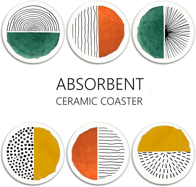 Britimes Coaster for Drinks Set of 6, Simple Retro Round Doodle Circle Absorbent Round Ceramic Stone Mat, with Cork Base and Metal Holder, Gift for Housewarming Room Bar Decor